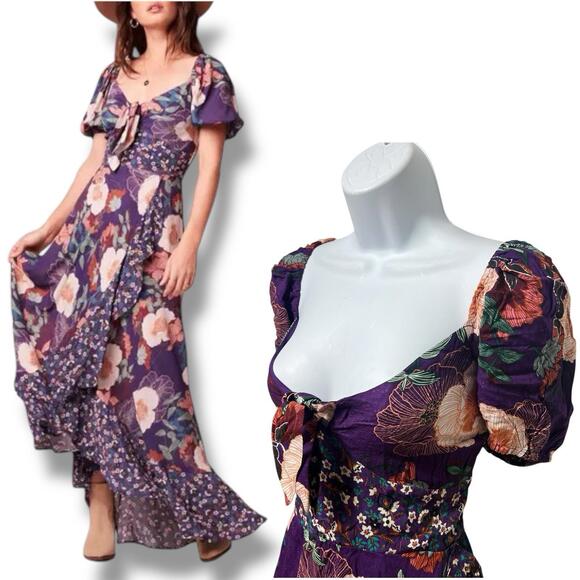 Band Of The Free L Dress Purple Floral Faux Wrap Maxi Cottage Ruffle - Picture 1 of 13